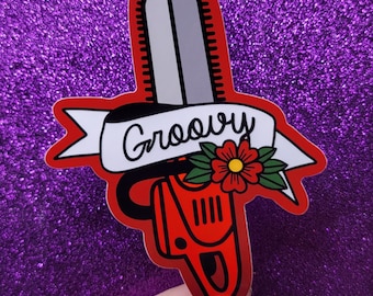 Groovy Chainsaw Horror Sticker 3.5x4"