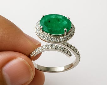 Handgemaakte ovale smaragdring 925 sterlingzilver | Groene edelsteensieraden | Geboortesteenring mei