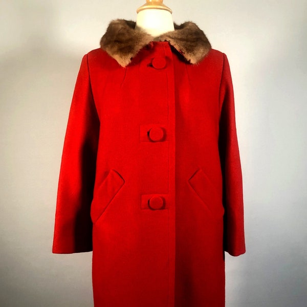 Late 50s Red Wool Coat with Mink Collar