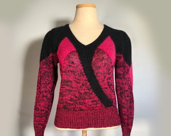 1980s Red Violet and Black Puffy Sleeved Sweater.