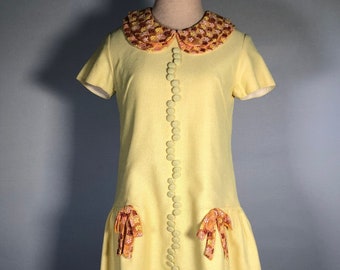 1960s Yellow Mini Dress with Embroidered Accents