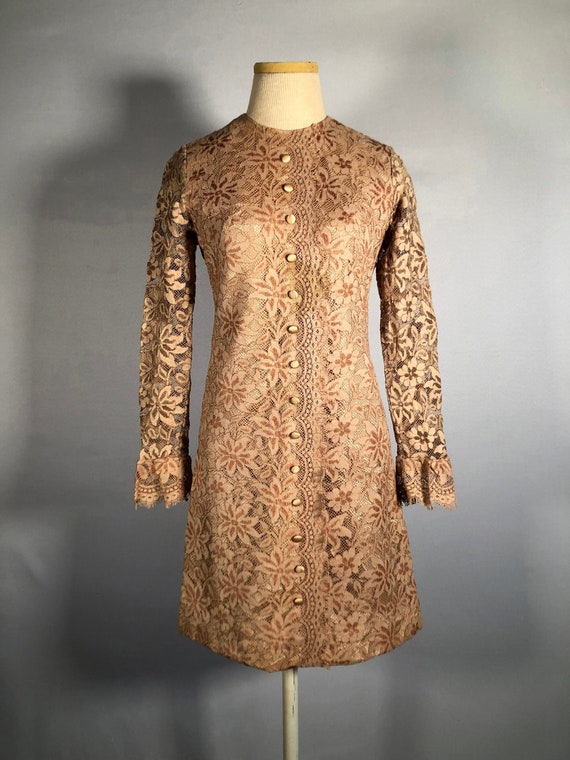 Mid 1960s Brown Lace Mod Dress by Ronnie Fashions