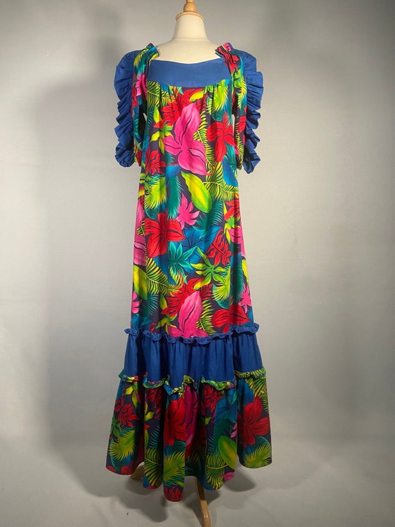 1980s Colorful Floral Ruffled Hawaiian Dress by Al