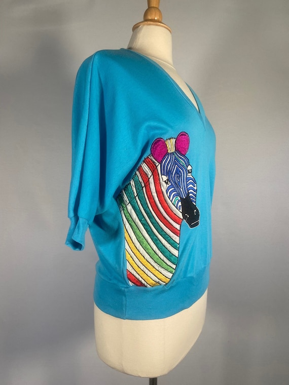 Late 70s Multi-colored Zebra Appliqué Teal Cotton… - image 1