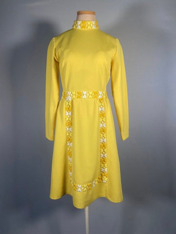 1970s Yellow Polyester Dress with Trim