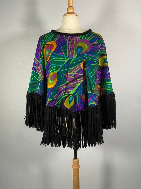 1970s Peacock Feather Print Fringed Poncho