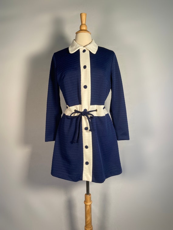 1970s Navy & White Polyester Mini Shirt Dress