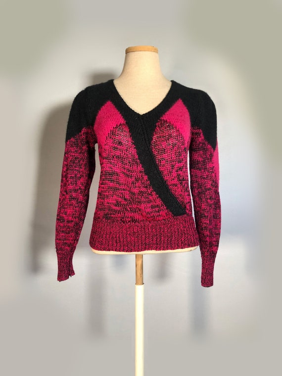 1980s Red Violet and Black Puffy Sleeved Sweater.