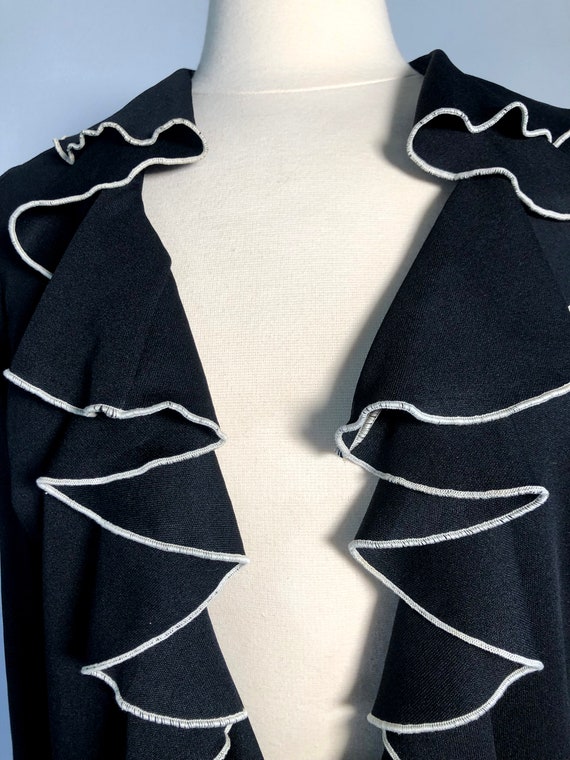 Late 1960s Black Ruffled Cardigan with White Trim - image 4