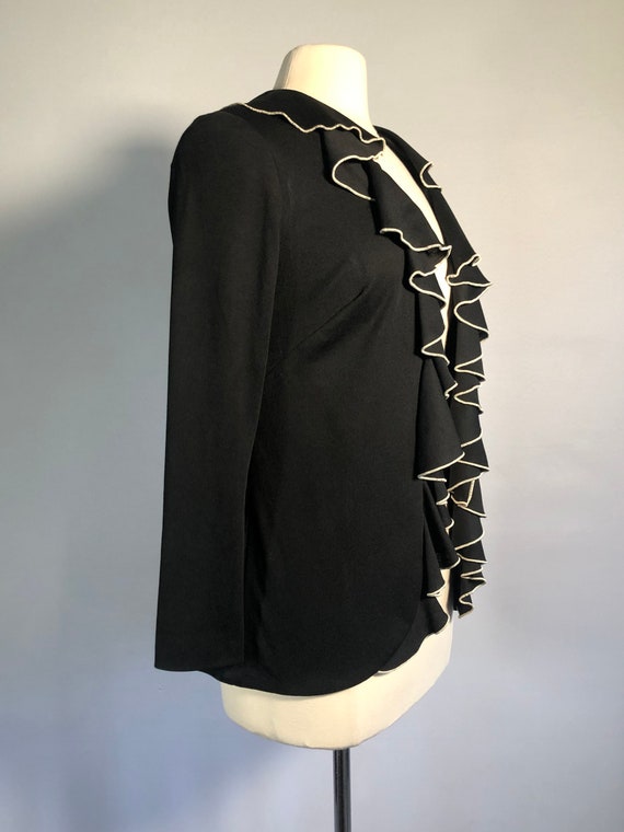 Late 1960s Black Ruffled Cardigan with White Trim - image 3