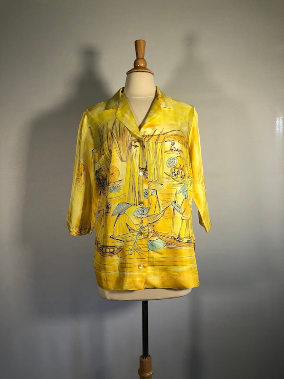 1960s Yellow Silk Acetate Printed Blouse