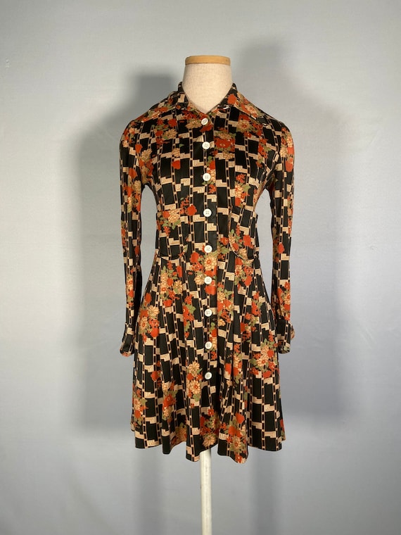 1970s Art Deco Print Mini Shirt Dress