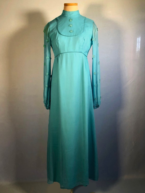 Late 1960s Turquoise Chiffon Maxi