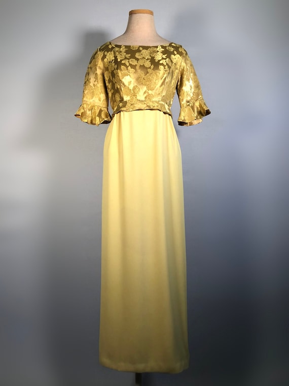 1970s Gold Brocade & Yellow Crepe Maxi