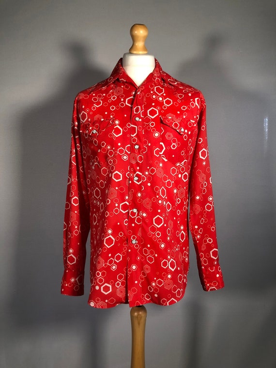 1970s Red & White Geometric Cowboy Shirt