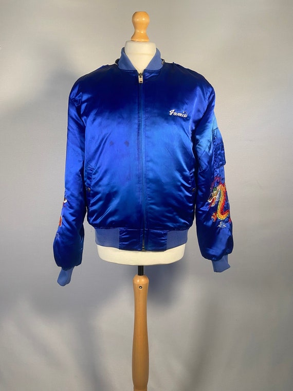 1980s Blue Satin Embroidered Navy Bomber Jacket