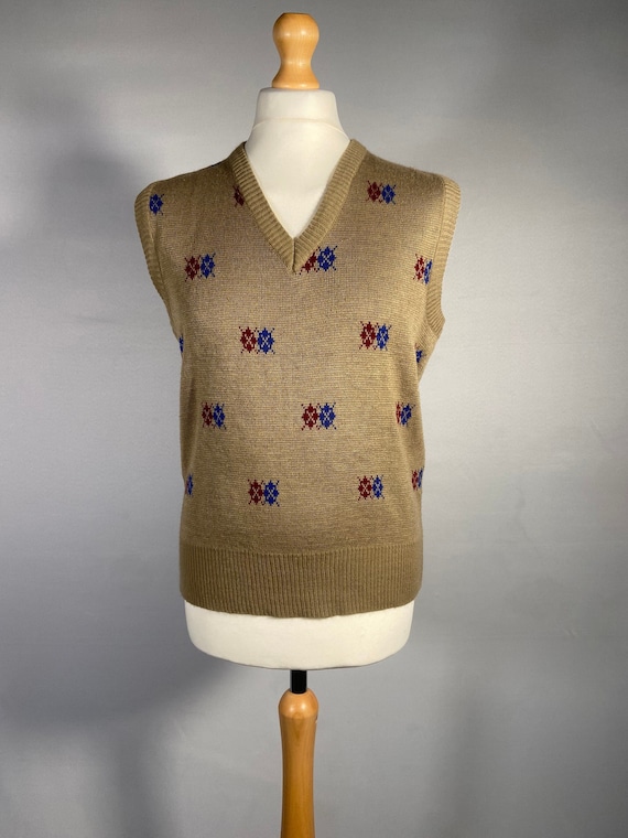 1970s Tan Argyle Patterned Knitted Vest by Campus