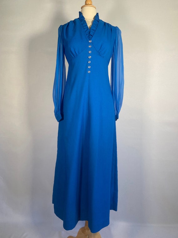 1970s Blue Polyester Maxi with Voile Sleeves - image 1