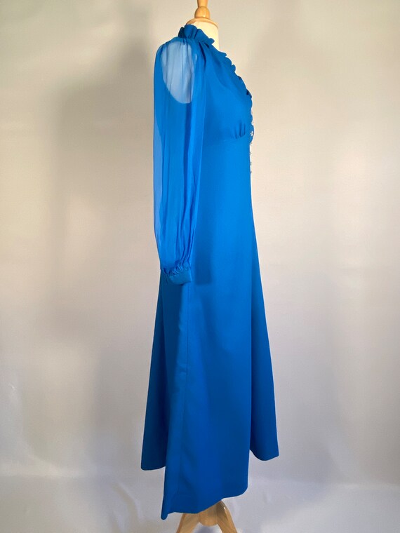1970s Blue Polyester Maxi with Voile Sleeves - image 3