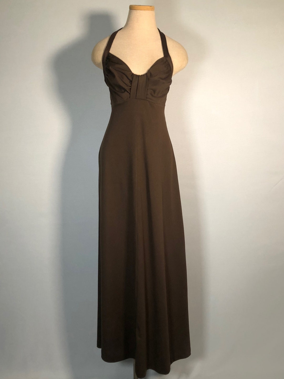 1970s Taupe Jersey Halter Maxi Dress