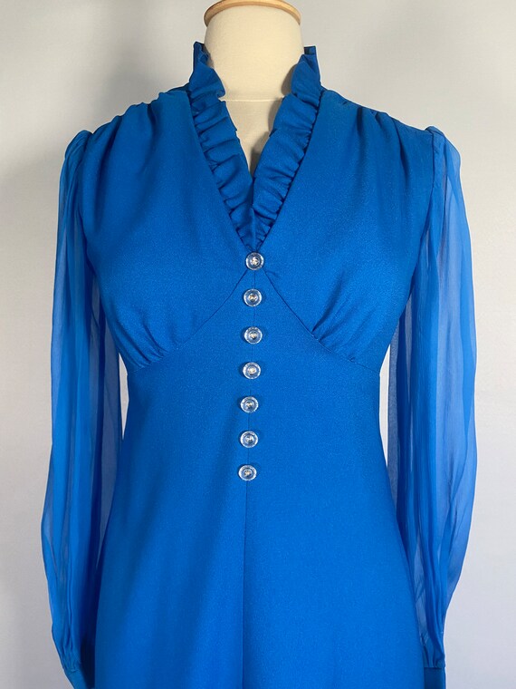 1970s Blue Polyester Maxi with Voile Sleeves - image 4