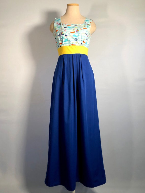 1970s Empire Waist Sailing Print Maxi