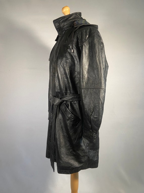 1990s Black Knee Length Leather Coat with Hood by Luc… - Gem