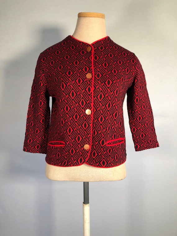 Early 1960s Red Tiki Print Cardigan - Bobbie Brook