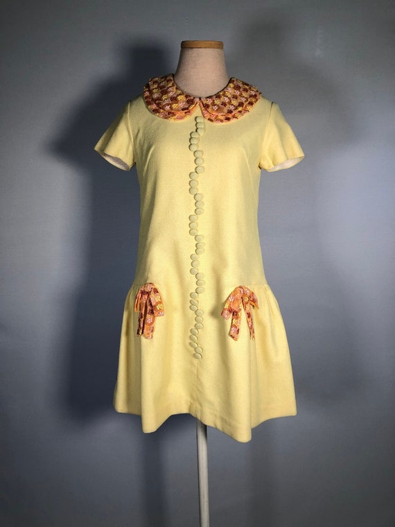 1960s Yellow Mini Dress with Embroidered Accents