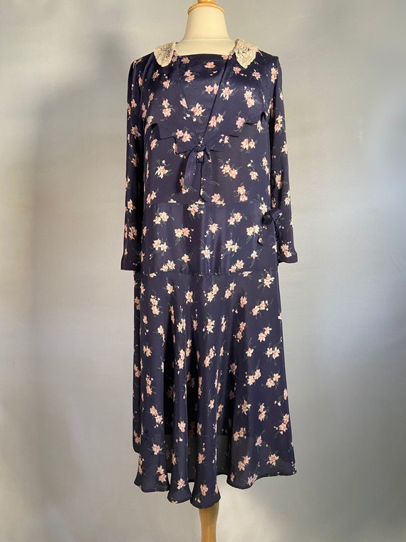 Early 1930s Navy Blue and Pink Floral Rayon Dress