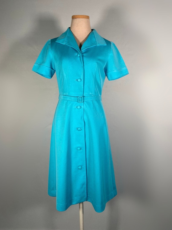 1970s Turquoise Polyester Shirtdress