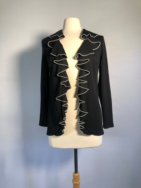 Late 1960s Black Ruffled Cardigan with White Trim - image 1