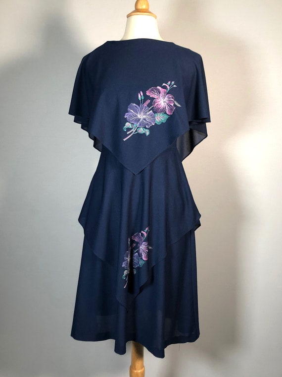 1970 Navy Blue Dress with Silkscreened Flowers by 
