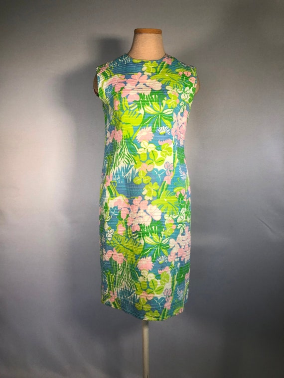 1970s Pastel Floral Hawaiian Style A-Line Dress