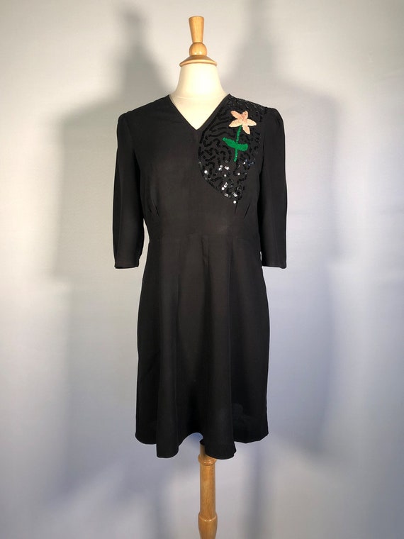 Early 40s Black Rayon & Sequin Dress - image 1