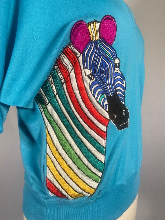 Late 70s Multi-colored Zebra Appliqué Teal Cotton… - image 5