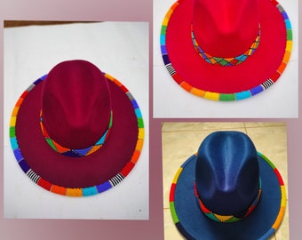 Custom hand beaded red, royal blue, Beaded brim and edge fedora,Sombrero hat,Hollywood stars/ ready to ship beaded jazz hat