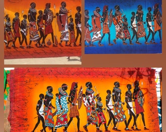 Ethnic Wall Decor Featuring Maasai People in candle wax batik, Handmade Candle Wax Batik Wall Hanging with Maasai People, maasai migration