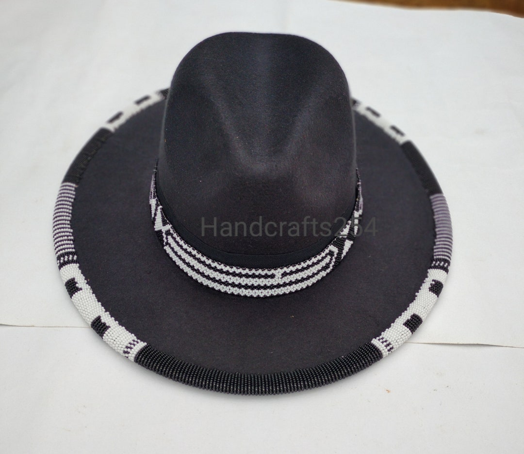 Custom Hand Beaded Fedora,handmade Fedora, Black Beaded Brim and Edge