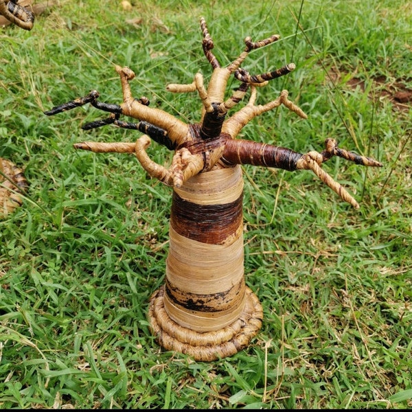 Artisan Baobab Tree Sculpture in Banana Fiber - Ideal for Decoration or Jewelry Organization, Ethically Made Baobab Tree Ornament