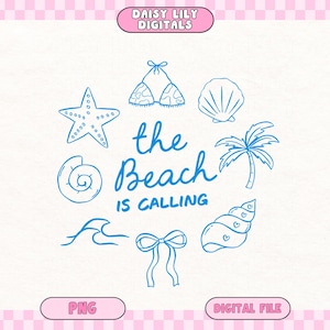 Puede incluir: Archivo digital con ilustraciones en azul con temática de playa. Incluye una estrella de mar, un top de bikini, una concha, una palmera y la frase "the Beach is Calling". También presenta un lazo y una ola.