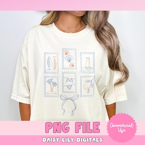 Camisa de verano italiana PNG con sellos de playa, archivo digital con limones de Positano, lazo de velero, bikini y conchas para chicas preppy, ideal para viajes o camisetas de viaje.
