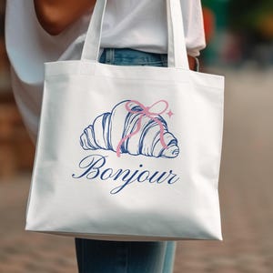 French Bonjour Tote Bag with Croissant Graphic, Stylish Canvas Shoulder Bag, Cute Market Carryall