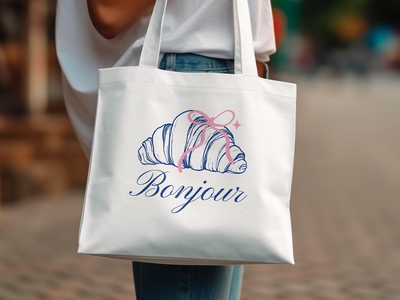 French Bonjour Tote Bag with Croissant Graphic, Stylish Canvas Shoulder Bag, Cute Market Carryall