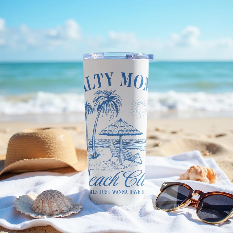 Beach Tumbler Salty Mom Beach Club Insulated Travel Cup Coastal Design Summer Accessories