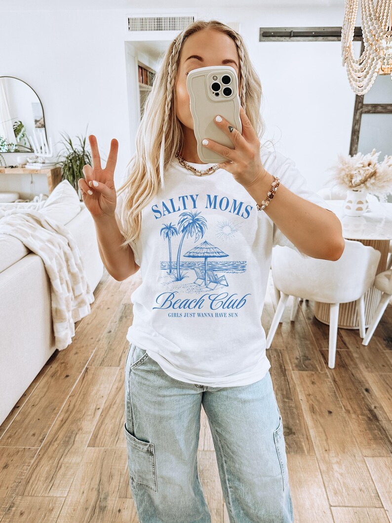 Salty Moms Beach Club T-Shirt, Casual Women's Graphic Tee, Summer Fashion Top, Coastal Style Apparel