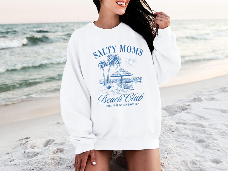 Salty Moms Beach Club Sweatshirt, Casual White Pullover, Women's Graphic Beachwear, Coastal Style Top, Gift for Her