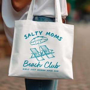 Salty Moms Beach Club Tote Bag, Large Canvas Bag, Summer Tote, Graphic Print Beach Bag, Gift for Mom, Vacation Accessory