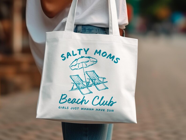 Salty Moms Beach Club Tote Bag, Large Canvas Bag, Summer Tote, Graphic Print Beach Bag, Gift for Mom, Vacation Accessory