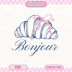 Digital Croissant Clipart with Pink Bow, French Bakery Graphic, Instant Download PNG, Cute Bread Illustration for Crafting and Design